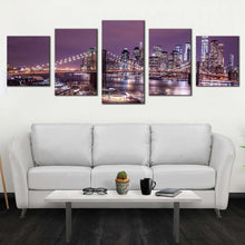 Load image into Gallery viewer, new york canvas wall art purple brooklyn bridge multi canvas artwork purple sky nyc river reflection 5 piece canvas print In Your Living Room
