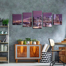 Load image into Gallery viewer, new york canvas wall art purple brooklyn bridge multi canvas artwork purple sky nyc river reflection 5 piece canvas print
