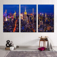 Load image into Gallery viewer, new york canvas wall art yellow city lights midtown manhattan 3 piece canvas print nyc at blue night triptych multiple canvas
