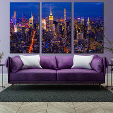 Load image into Gallery viewer, new york canvas wall art yellow city lights midtown manhattan 3 piece canvas print nyc at blue night triptych multiple canvas For Living Room
