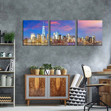 Load image into Gallery viewer, new  york  canvas  wall  art  yellow  manhattan  skyline  3  piece  canvas  blue  sky  downtown  manhattan  canvas  print  nyc  river  reflection  cityscape  multiple  canvas
