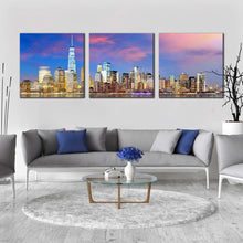 Load image into Gallery viewer, new  york  canvas  wall  art  yellow  manhattan  skyline  3  piece  canvas  blue  sky  downtown  manhattan  canvas  print  nyc  river  reflection  cityscape  multiple  canvas In Living Room
