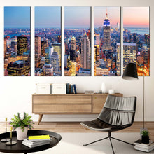 Load image into Gallery viewer, new york city canvas print blue midtown manhattan cityscape 5 piece canvas wall art yellow sky empire state building canvas set For Living room
