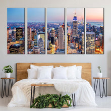 Load image into Gallery viewer, new york city canvas print blue midtown manhattan cityscape 5 piece canvas wall art yellow sky empire state building canvas set For Bedroom
