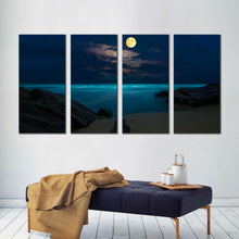 Load image into Gallery viewer, night ocean canvas wall art yellow moon ocean 4 piece canvas set brown rock ocean beach canvas print In Living room
