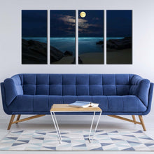 Load image into Gallery viewer, night ocean canvas wall art yellow moon ocean 4 piece canvas set brown rock ocean beach canvas print For Your Living Room
