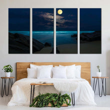 Load image into Gallery viewer, night ocean canvas wall art yellow moon ocean 4 piece canvas set brown rock ocean beach canvas print For Bedroom
