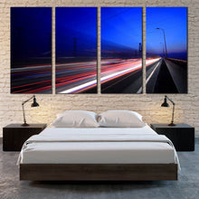 Load image into Gallery viewer, night sky blue canvas wall art of cars light trails 4 piece canvas print For Bedroom
