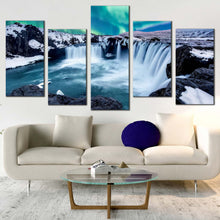 Load image into Gallery viewer, northern lights canvas wall art blue gofafoss waterfall in iceland canvas set skjalfandafljot river waterfall 5 piece canvas print For Living room
