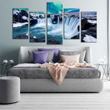 Load image into Gallery viewer, northern lights canvas wall art blue gofafoss waterfall in iceland canvas set skjalfandafljot river waterfall 5 piece canvas print In Bedroom
