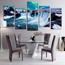 Load image into Gallery viewer, northern lights canvas wall art blue gofafoss waterfall in iceland canvas set skjalfandafljot river waterfall 5 piece canvas print For Dining Room
