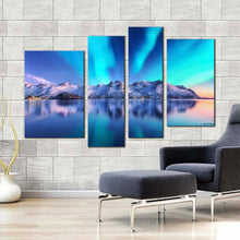 Load image into Gallery viewer, northern lights canvas wall art blue sky lofoten islands ocean 4 piece canvas norway winter white mountains canvas print for living room
