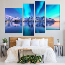 Load image into Gallery viewer, northern lights canvas wall art blue sky lofoten islands ocean 4 piece canvas norway winter white mountains canvas print for your bedroom
