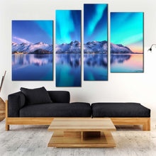 Load image into Gallery viewer, northern lights canvas wall art blue sky lofoten islands ocean 4 piece canvas norway winter white mountains canvas print
