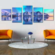 Load image into Gallery viewer, norway ocean canvas print white city mountains 5 piece canvas wall art aurora blue sky lofoten islands multi canvas artwork In Living Room
