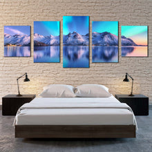 Load image into Gallery viewer, norway ocean canvas print white city mountains 5 piece canvas wall art aurora blue sky lofoten islands multi canvas artwork For Your Bedroom
