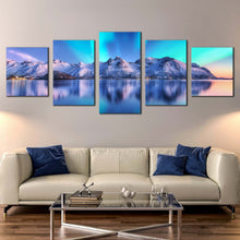 Load image into Gallery viewer, norway ocean canvas print white city mountains 5 piece canvas wall art aurora blue sky lofoten islands multi canvas artwork For Living Room
