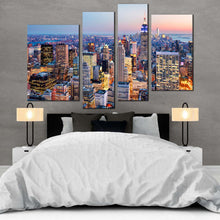 Load image into Gallery viewer, nyc cityscape canvas wall art blue new york city skyline canvas print midtown manhattan yellow sunset sky 4 piece multi canvas for bedroom
