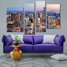 Load image into Gallery viewer, nyc cityscape canvas wall art blue new york city skyline canvas print midtown manhattan yellow sunset sky 4 piece multi canvas for your living room 
