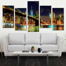 Load image into Gallery viewer, nyc cityscape canvas wall art blue sky manhattan night view canvas print colorful new york brooklyn bridge 5 piece multi canvas For Living room
