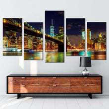 Load image into Gallery viewer, nyc cityscape canvas wall art blue sky manhattan night view canvas print colorful new york brooklyn bridge 5 piece multi canvas
