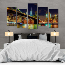 Load image into Gallery viewer, nyc cityscape canvas wall art blue sky manhattan night view canvas print colorful new york brooklyn bridge 5 piece multi canvas For Bedroom
