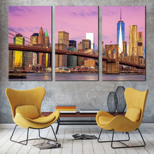 Load image into Gallery viewer, nyc cityscape canvas wall art brown brooklyn bridge 3 piece canvas print pink sky new york city triptych canvas set In Living Room
