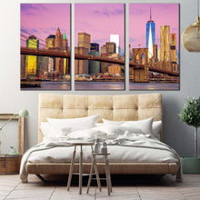 Load image into Gallery viewer, nyc cityscape canvas wall art brown brooklyn bridge 3 piece canvas print pink sky new york city triptych canvas set For Bedroom
