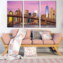 Load image into Gallery viewer, nyc cityscape canvas wall art brown brooklyn bridge 3 piece canvas print pink sky new york city triptych canvas set For Living Room
