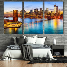 Load image into Gallery viewer, nyc cityscape canvas wall art brown brooklyn bridge canvas print blue new york river 3 piece multi canvas In Bedroom 
