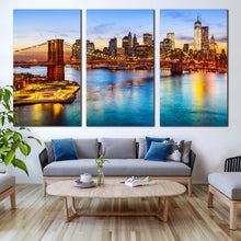 Load image into Gallery viewer, nyc cityscape canvas wall art brown brooklyn bridge canvas print blue new york river 3 piece multi canvas In Living Room
