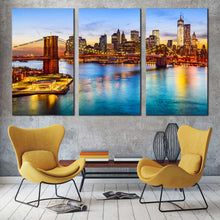 Load image into Gallery viewer, nyc cityscape canvas wall art brown brooklyn bridge canvas print blue new york river 3 piece multi canvas For Living Room
