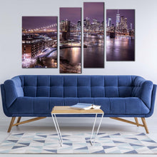 Load image into Gallery viewer, nyc cityscape canvas wall art brown new york river reflection 4 piece canvas print purple sky manhattan digital painting multiple canvas for living room
