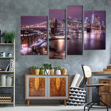 Load image into Gallery viewer, nyc cityscape canvas wall art brown new york river reflection 4 piece canvas print purple sky manhattan digital painting multiple canvas
