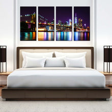 Load image into Gallery viewer, nyc cityscape canvas wall art manhattan purple sky brooklyn bridge canvas print colorful new york skyline 4 piece canvas set For Bedroom
