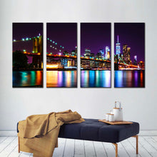 Load image into Gallery viewer, nyc cityscape canvas wall art manhattan purple sky brooklyn bridge canvas print colorful new york skyline 4 piece canvas set For Living Room
