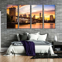 Load image into Gallery viewer, nyc cityscape canvas wall art yellow brown new york city 4 piece canvas print brooklyn bridge yellow cloudy sky multi canvas artwork In Bedroom
