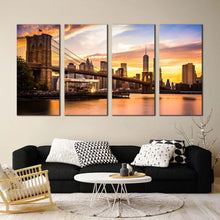 Load image into Gallery viewer, nyc cityscape canvas wall art yellow brown new york city 4 piece canvas print brooklyn bridge yellow cloudy sky multi canvas artwork For Your Living room
