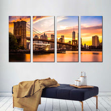 Load image into Gallery viewer, nyc cityscape canvas wall art yellow brown new york city 4 piece canvas print brooklyn bridge yellow cloudy sky multi canvas artwork For Living room
