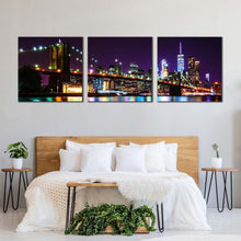 Load image into Gallery viewer, nyc  manhattan  canvas  wall  art  colorful  new  york  cityscape  multiple  canvas  brooklyn  bridge  at  night  3  piece  canvas  print For Bedroom
