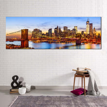 Load image into Gallery viewer, nyc  river  canvas  print  brown  yellow  new  york  cityscape  wide  canvas  brooklyn  bridge  at  blue  sky  1  piece  canvas  wall  art In Living Room
