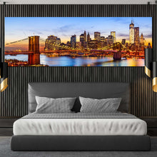 Load image into Gallery viewer, nyc  river  canvas  print  brown  yellow  new  york  cityscape  wide  canvas  brooklyn  bridge  at  blue  sky  1  piece  canvas  wall  art For Bedroom
