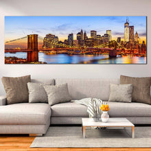 Load image into Gallery viewer, nyc  river  canvas  print  brown  yellow  new  york  cityscape  wide  canvas  brooklyn  bridge  at  blue  sky  1  piece  canvas  wall  art For Living Room
