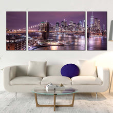 Load image into Gallery viewer, nyc river canvas wall art purple sky manhattan digital painting 3 piece canvas set brown brooklyn bridge cityscape triptych canvas print For Living Room
