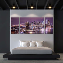 Load image into Gallery viewer, nyc river canvas wall art purple sky manhattan digital painting 3 piece canvas set brown brooklyn bridge cityscape triptych canvas print For Bedroom
