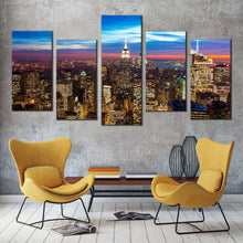 Load image into Gallery viewer, nyc skyline canvas print brown midtown manhattan multiple canvas blue sky city aerial view 5 piece canvas empire state building canvas wall art In Living room
