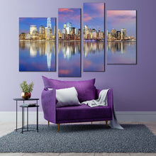 Load image into Gallery viewer, nyc skyline canvas wall art downtown manhattan blue sky 4 piece multi canvas yellow new york cityscape canvas print for living room
