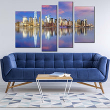 Load image into Gallery viewer, nyc skyline canvas wall art downtown manhattan blue sky 4 piece multi canvas yellow new york cityscape canvas print for your living room
