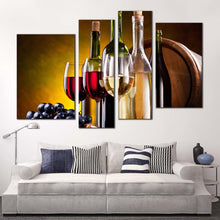 Load image into Gallery viewer, oak barrel canvas wall art green alcohol bottles wine glasses 4 piece canvas print red wine drink multi canvas for living room
