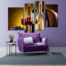 Load image into Gallery viewer, oak barrel canvas wall art green alcohol bottles wine glasses 4 piece canvas print red wine drink multi canvas
